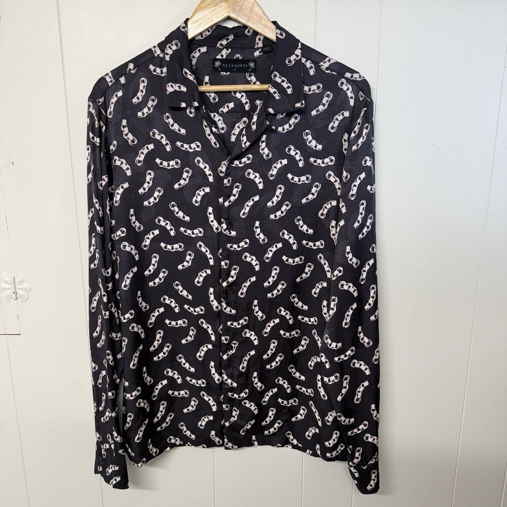 AllSaints Chain AOP  Long Sleeves  Button Down  Shirt Viscose Black  Men M EUC